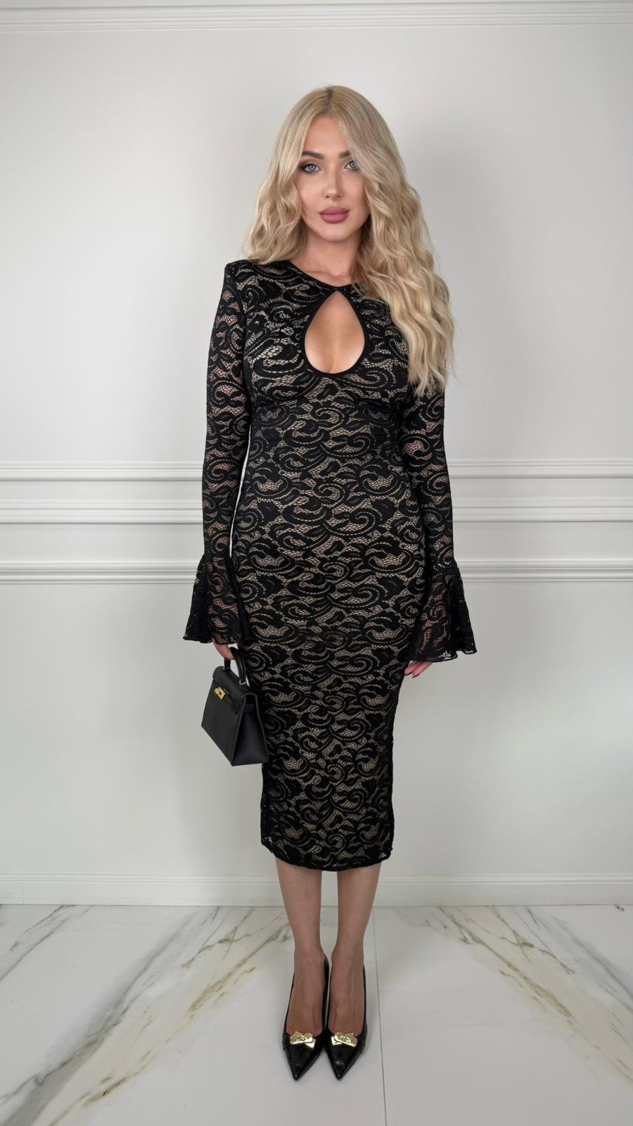 Black Lace Dress with Flared Sleeves