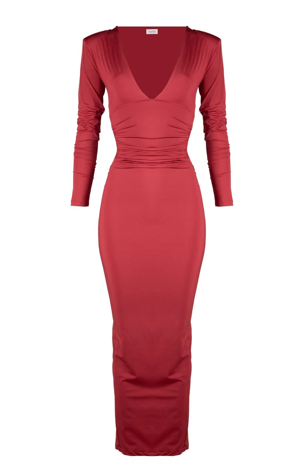Fitted V-Neck Burgundy Dress - Image 2