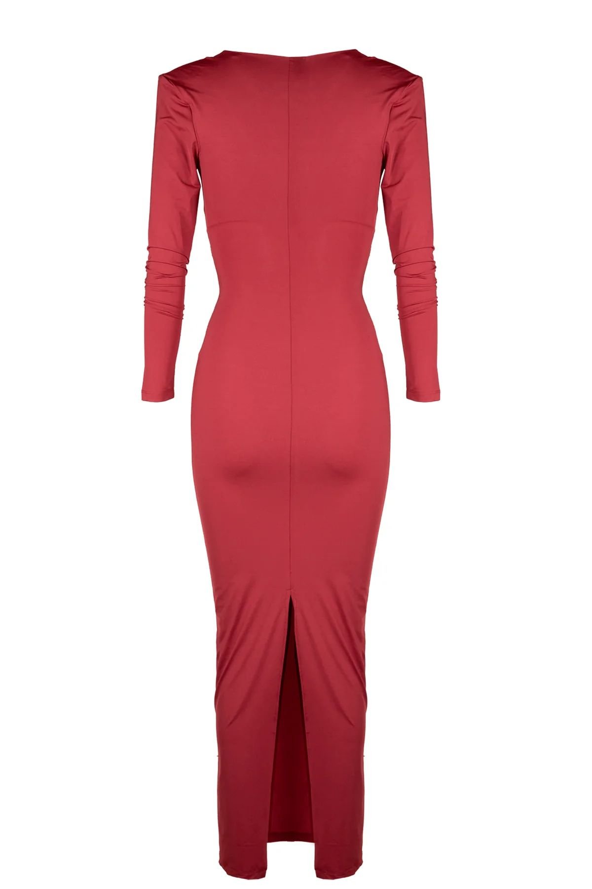 Fitted V-Neck Burgundy Dress - Image 3