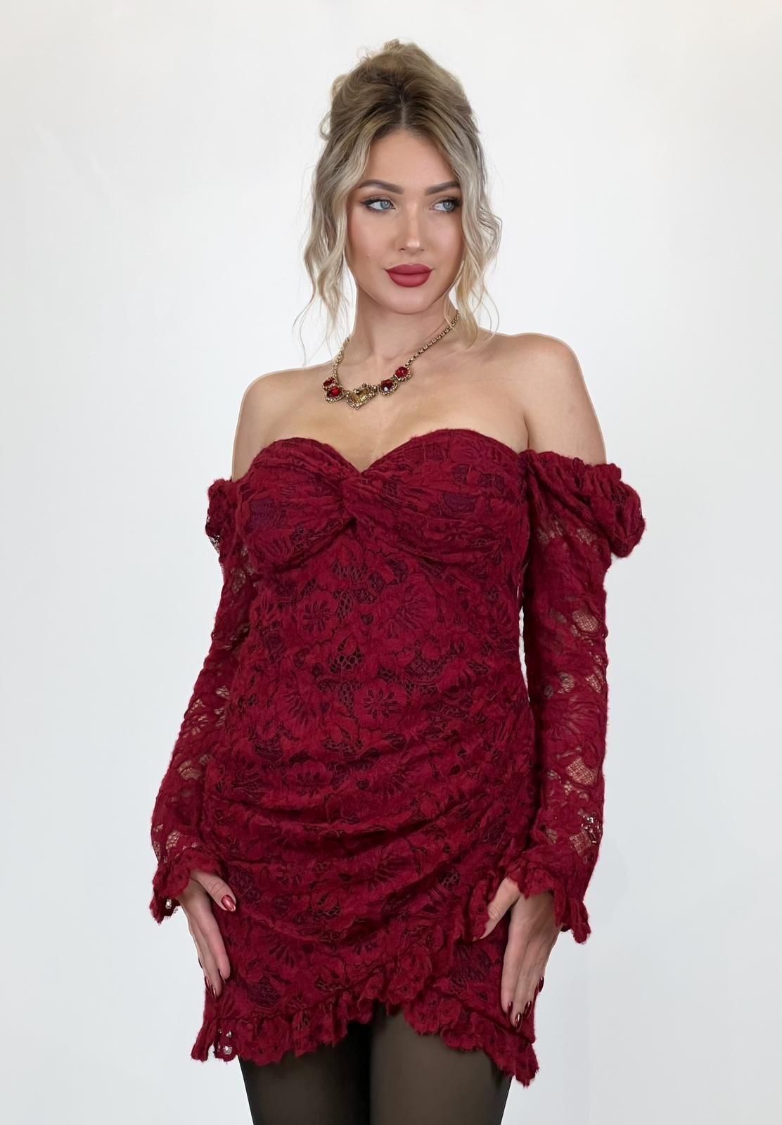 Burgundy Lace Mini Dress - Image 3