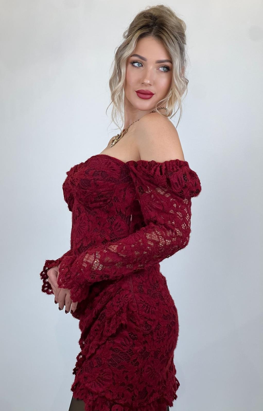 Burgundy Lace Mini Dress - Image 4