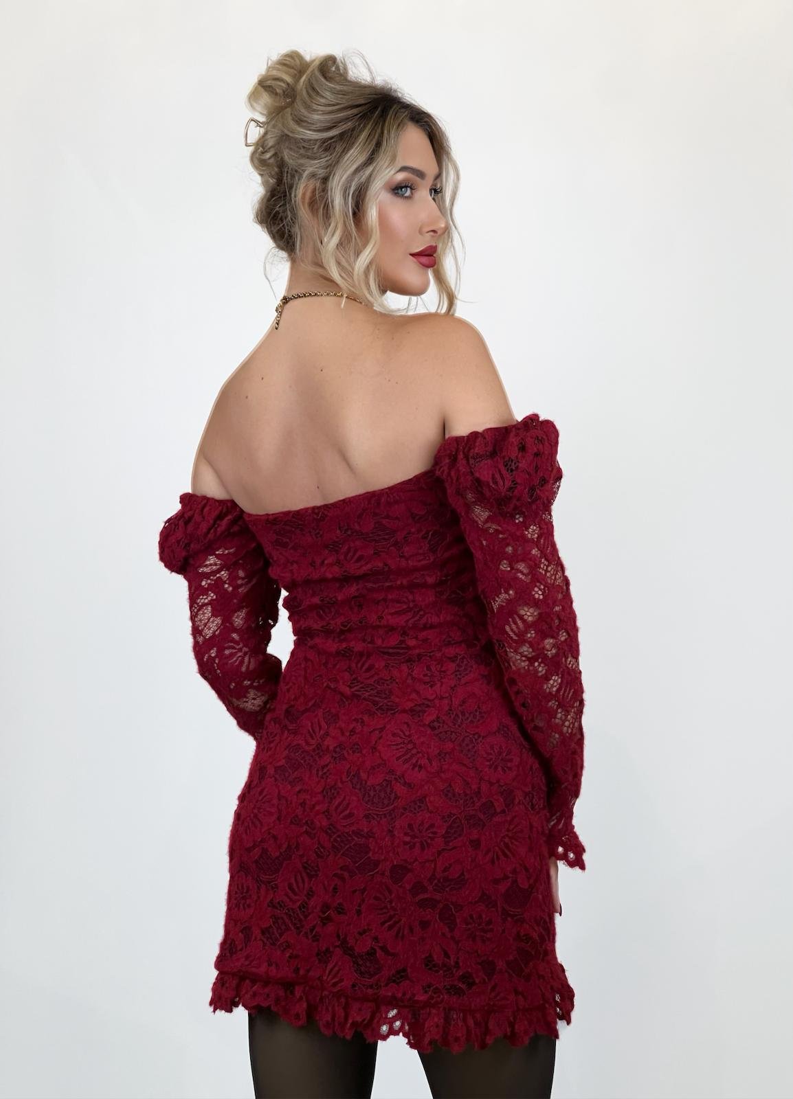 Burgundy Lace Mini Dress - Image 2