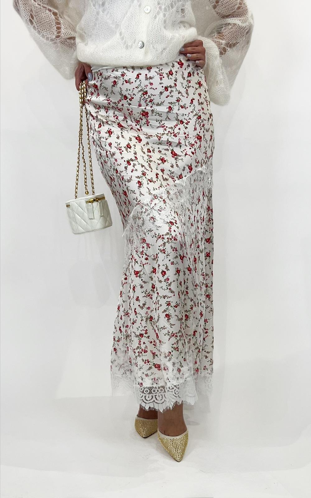 Red floral print satin maxi skirt