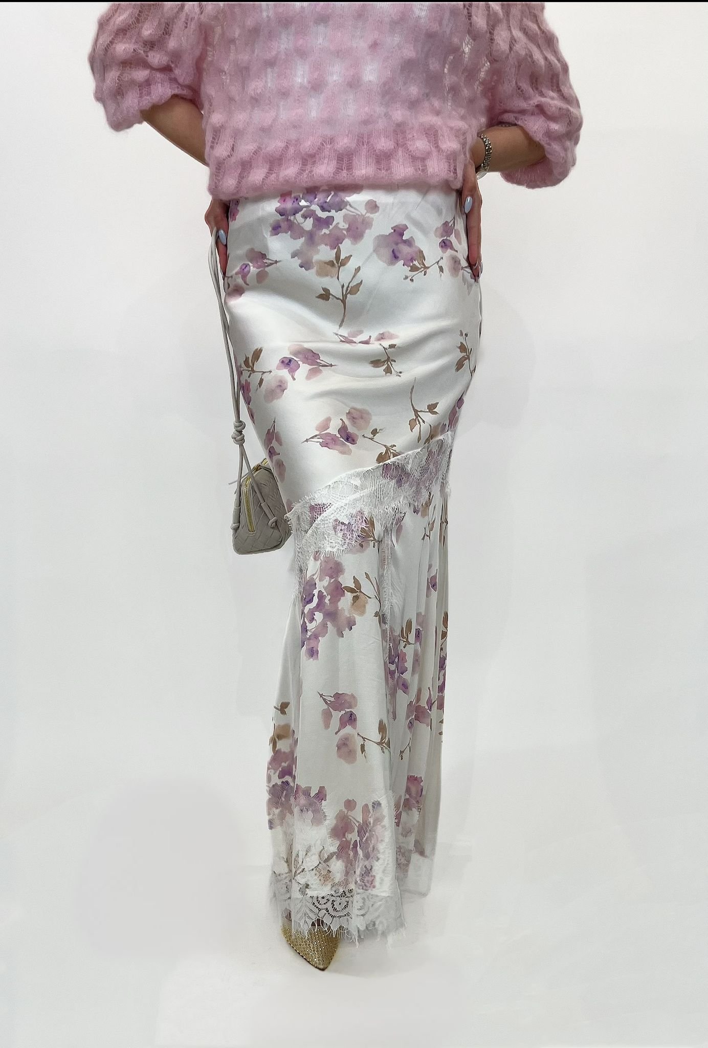 Lilac floral print satin maxi skirt