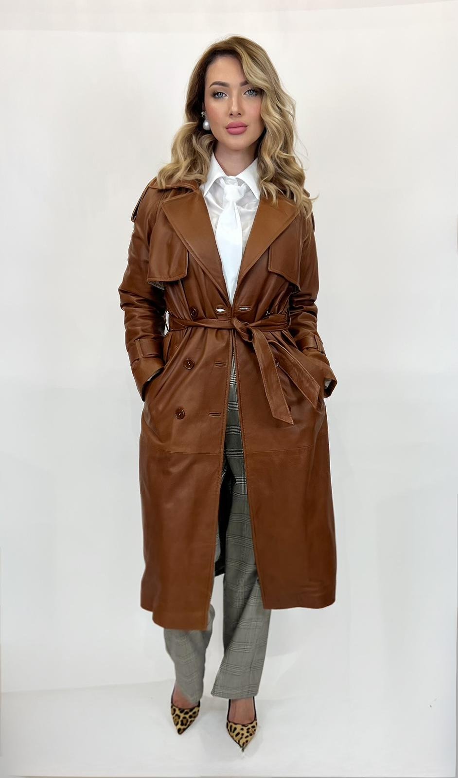 Real leather trench coat in brown