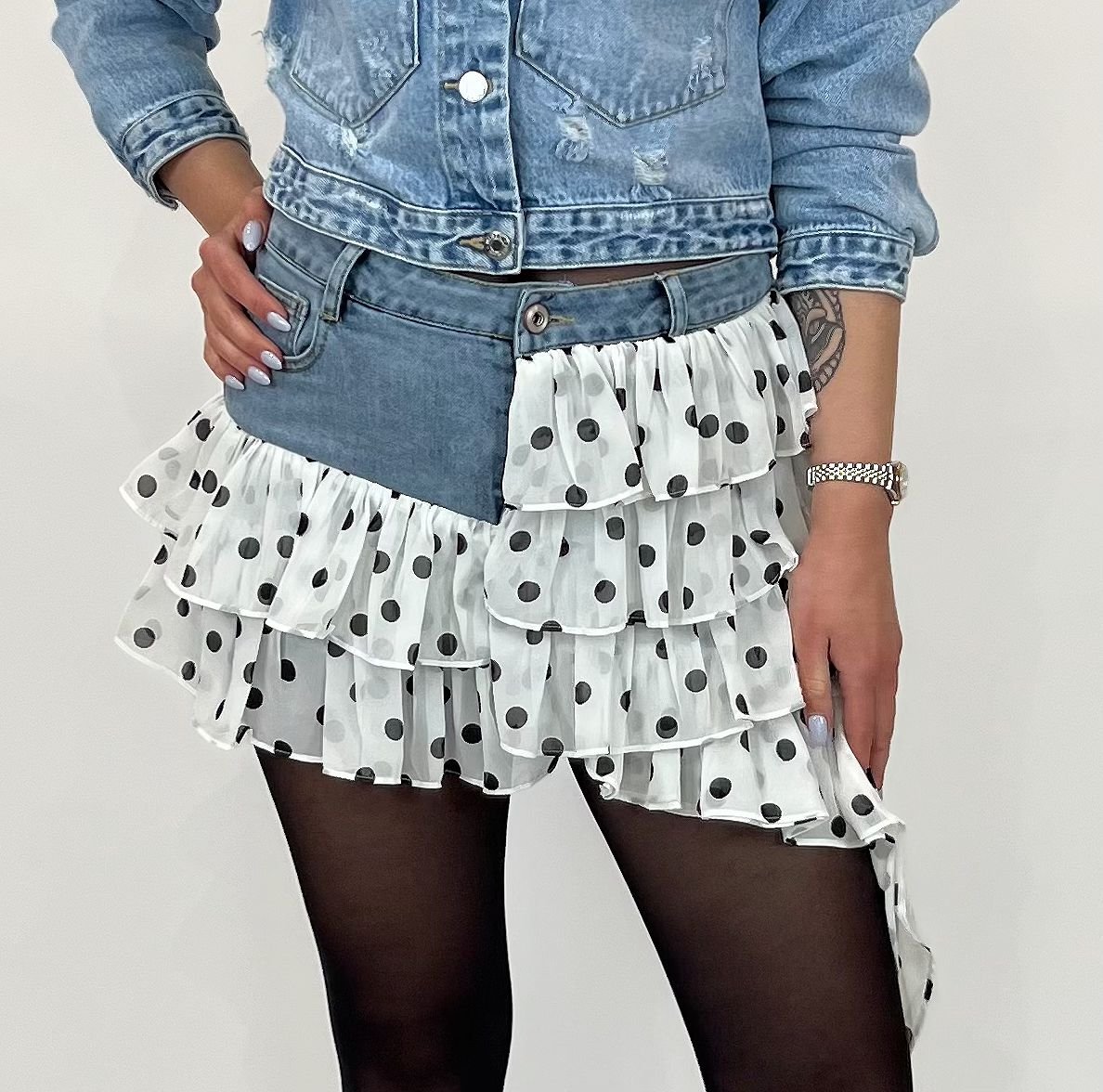 Ruffled Polka Dot/Denim Skirt